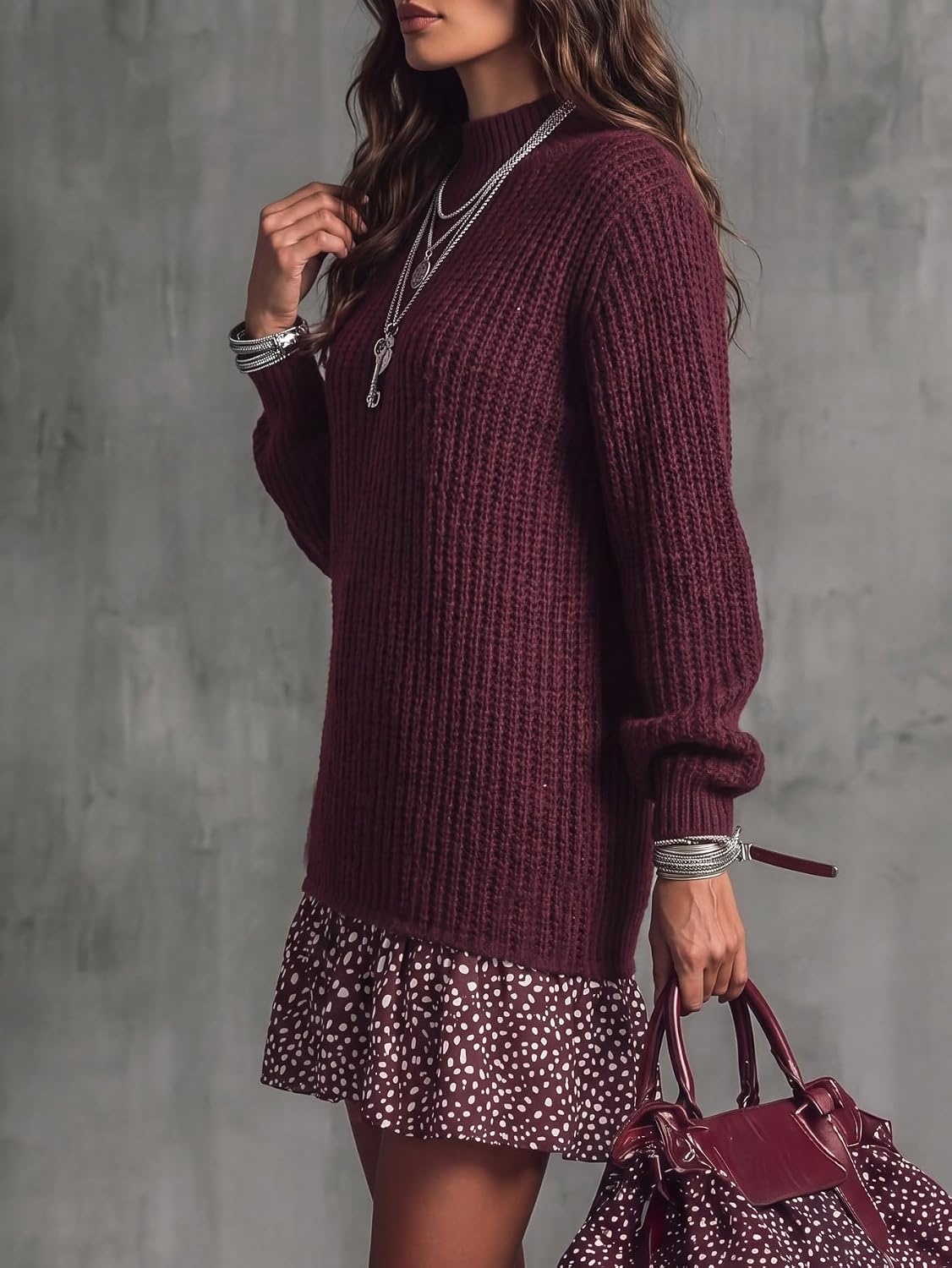 image:imageZAFUL Womens High Neck Long Sleeve Ribbed Knit Midi Sweater Dress0burgundy