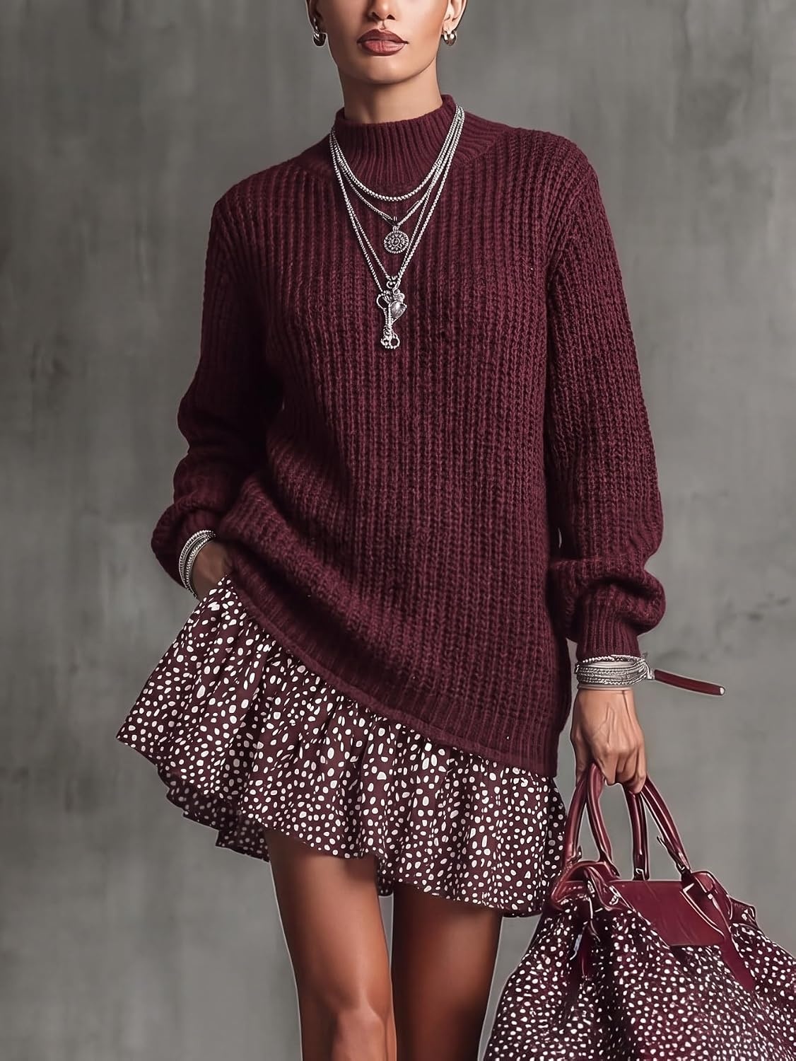 image:imageZAFUL Womens High Neck Long Sleeve Ribbed Knit Midi Sweater Dress0burgundy