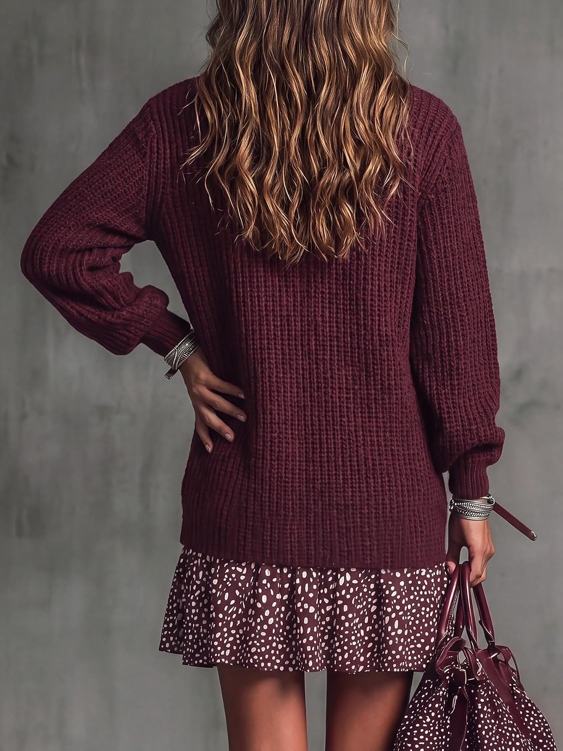 image:imageZAFUL Womens High Neck Long Sleeve Ribbed Knit Midi Sweater Dress0burgundy