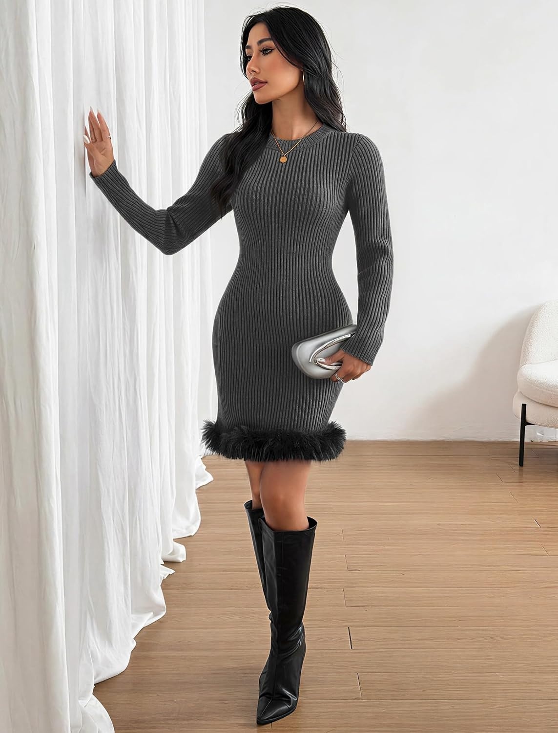 image:imageZAFUL Womens Long Sleeve Mini Sweater Dress Fur Trim Party Mini Dress1grey