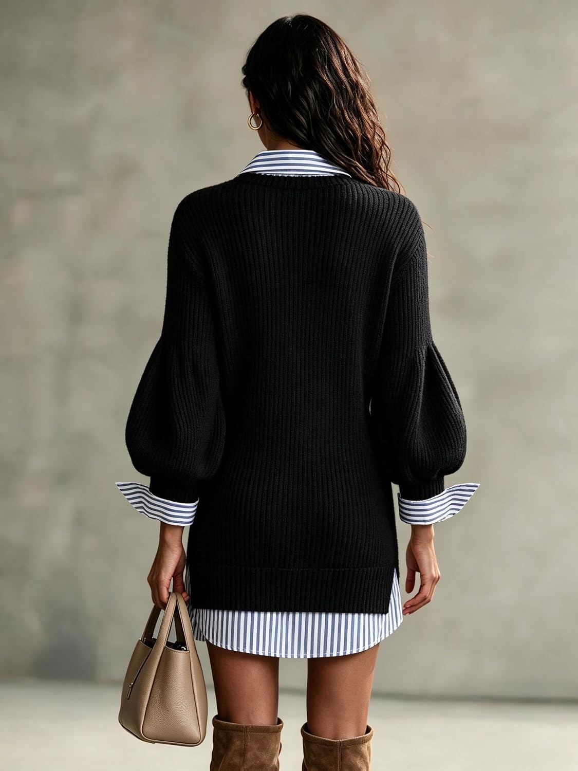 image:imageZAFUL Womens VNeck Patchwork Sweater Dress Lantern Long Sleeve Midi DressBlack Blue Stripes