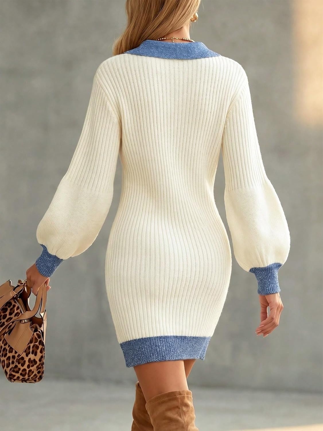 image:imageZAFUL Womens VNeck Patchwork Sweater Dress Lantern Long Sleeve Midi DressCream Blue