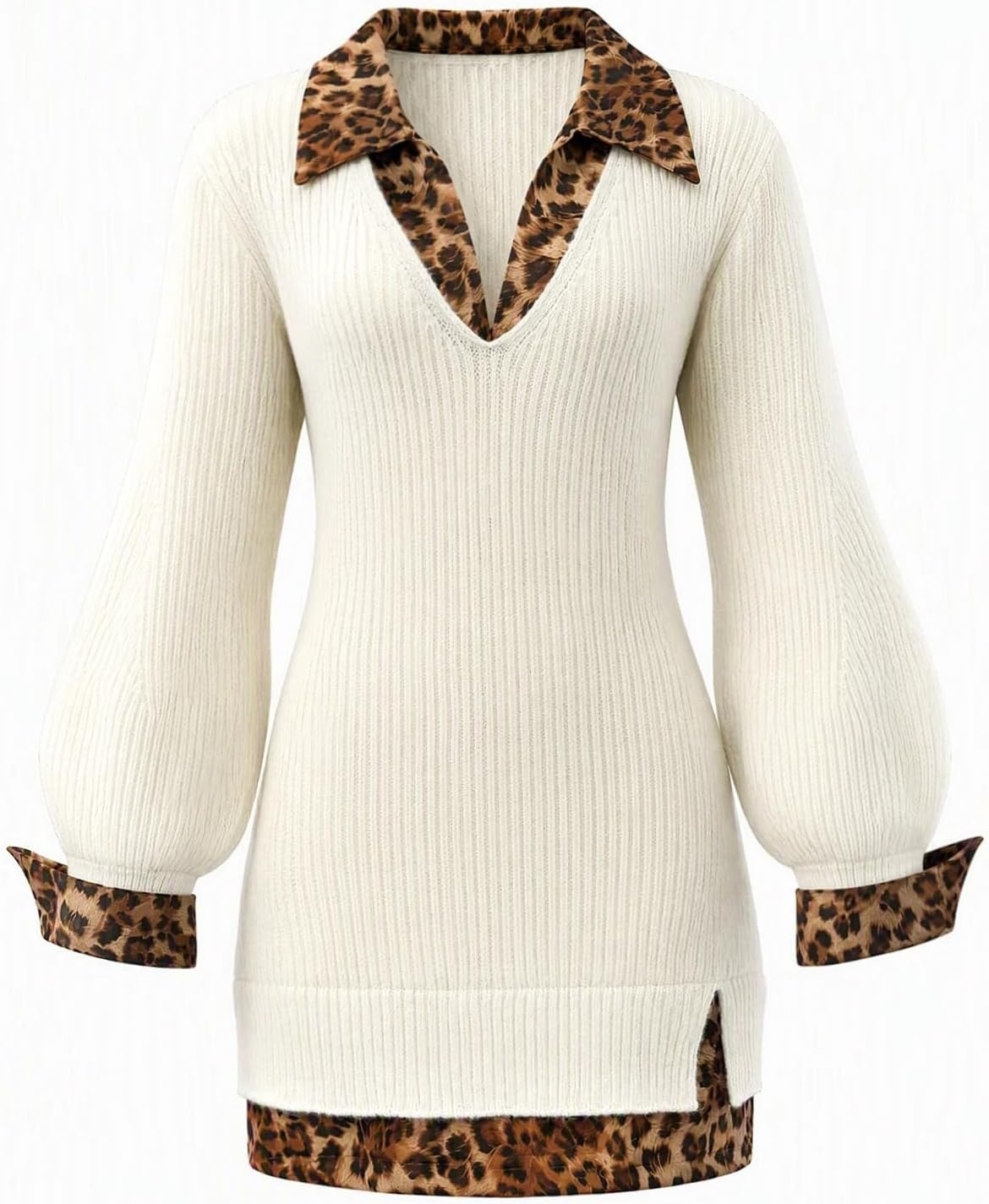 image:imageZAFUL Womens VNeck Patchwork Sweater Dress Lantern Long Sleeve Midi DressCreamleopard
