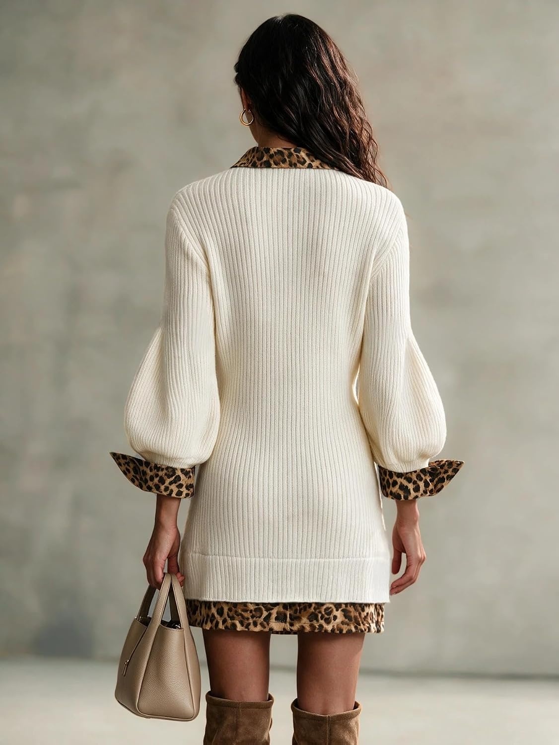 image:imageZAFUL Womens VNeck Patchwork Sweater Dress Lantern Long Sleeve Midi DressCreamleopard