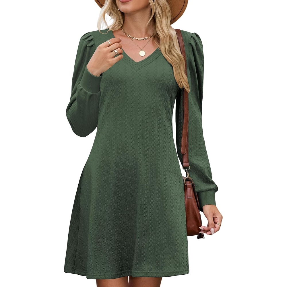 image:imageZAFUL Fall Dresses for Women 2026 Knit V Neck Long Sleeve Sweater Dress A Line Casual OutfitsArmy Green