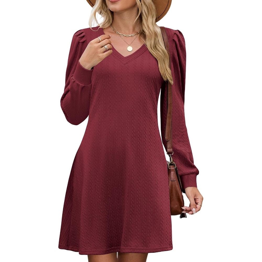 image:imageZAFUL Fall Dresses for Women 2026 Knit V Neck Long Sleeve Sweater Dress A Line Casual OutfitsBurgundy