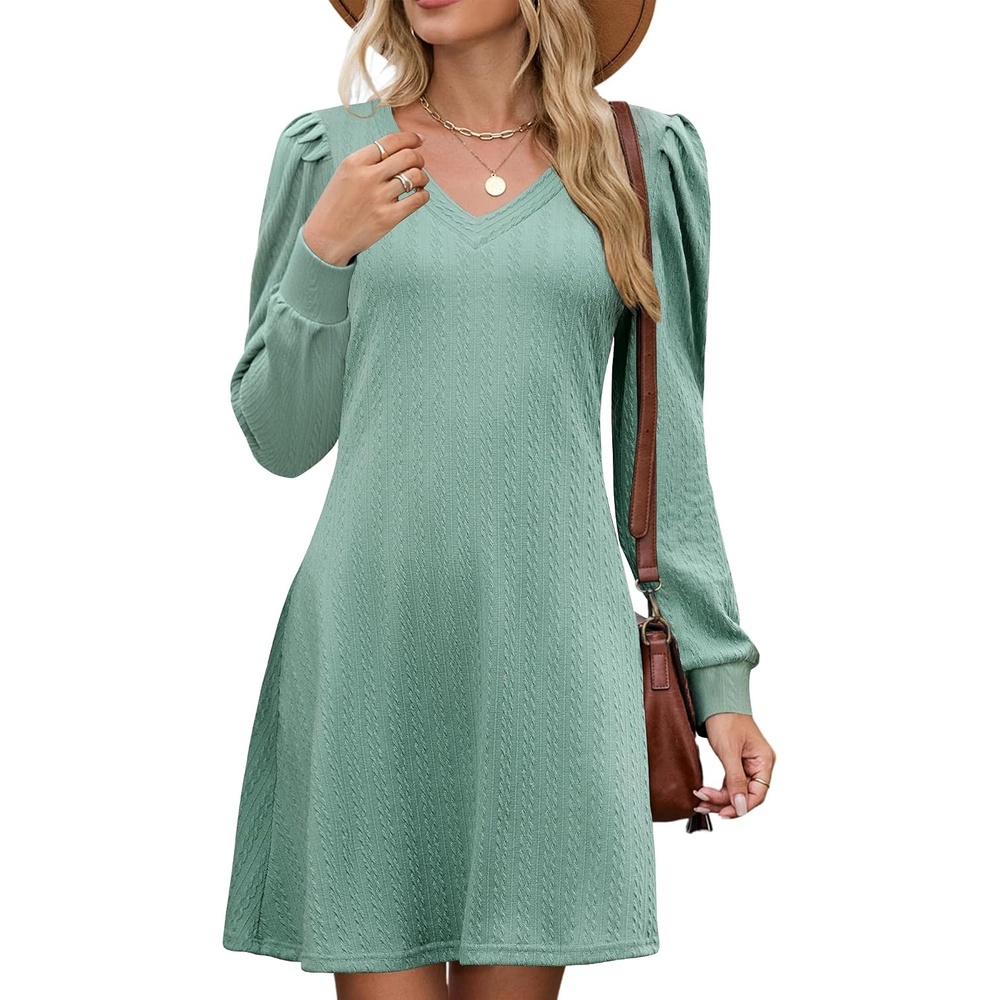 image:imageZAFUL Fall Dresses for Women 2026 Knit V Neck Long Sleeve Sweater Dress A Line Casual OutfitsGreennew