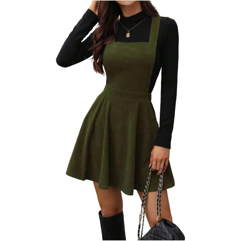 image:imageZAFUL Overalls Mini Dress for Women ALine Flared Dresses for Fall Winter0army Green