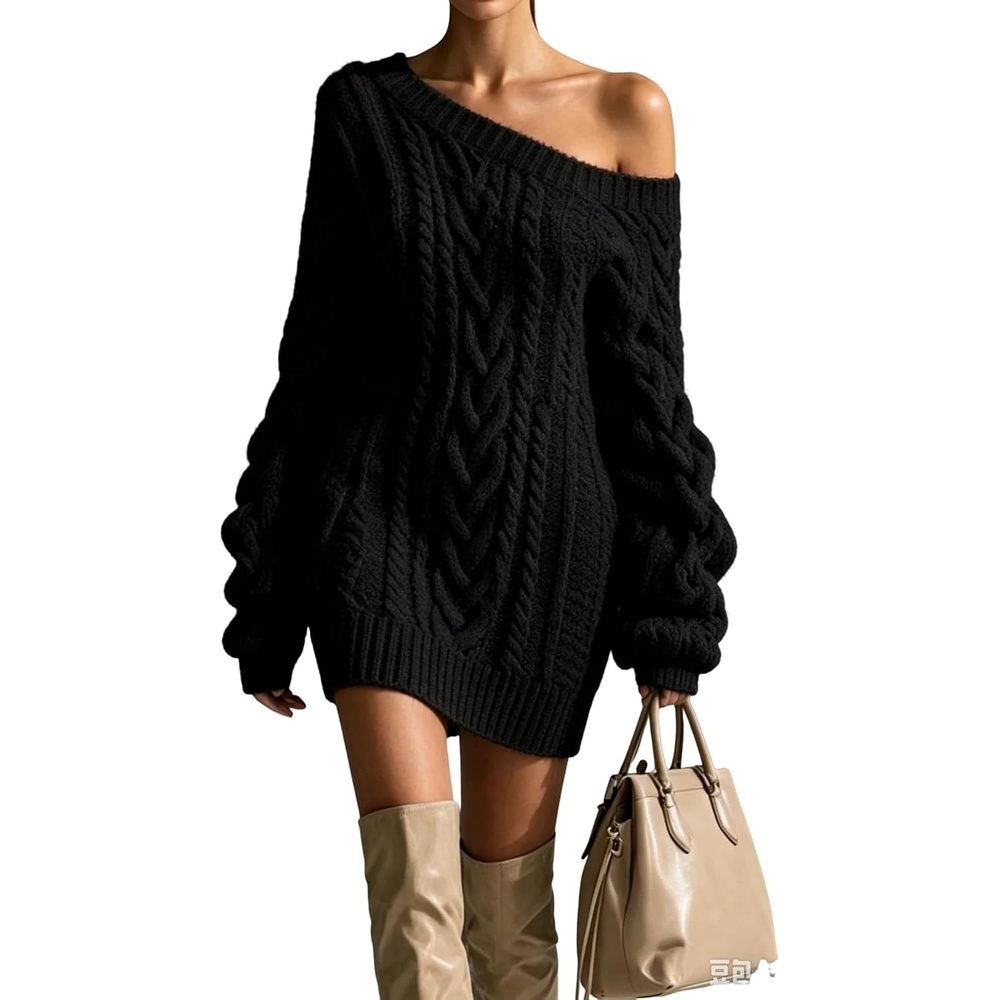 image:imageZAFUL Womens Cable Knit Cold Shoulder Long Sleeve Mini Sweater Dress0black