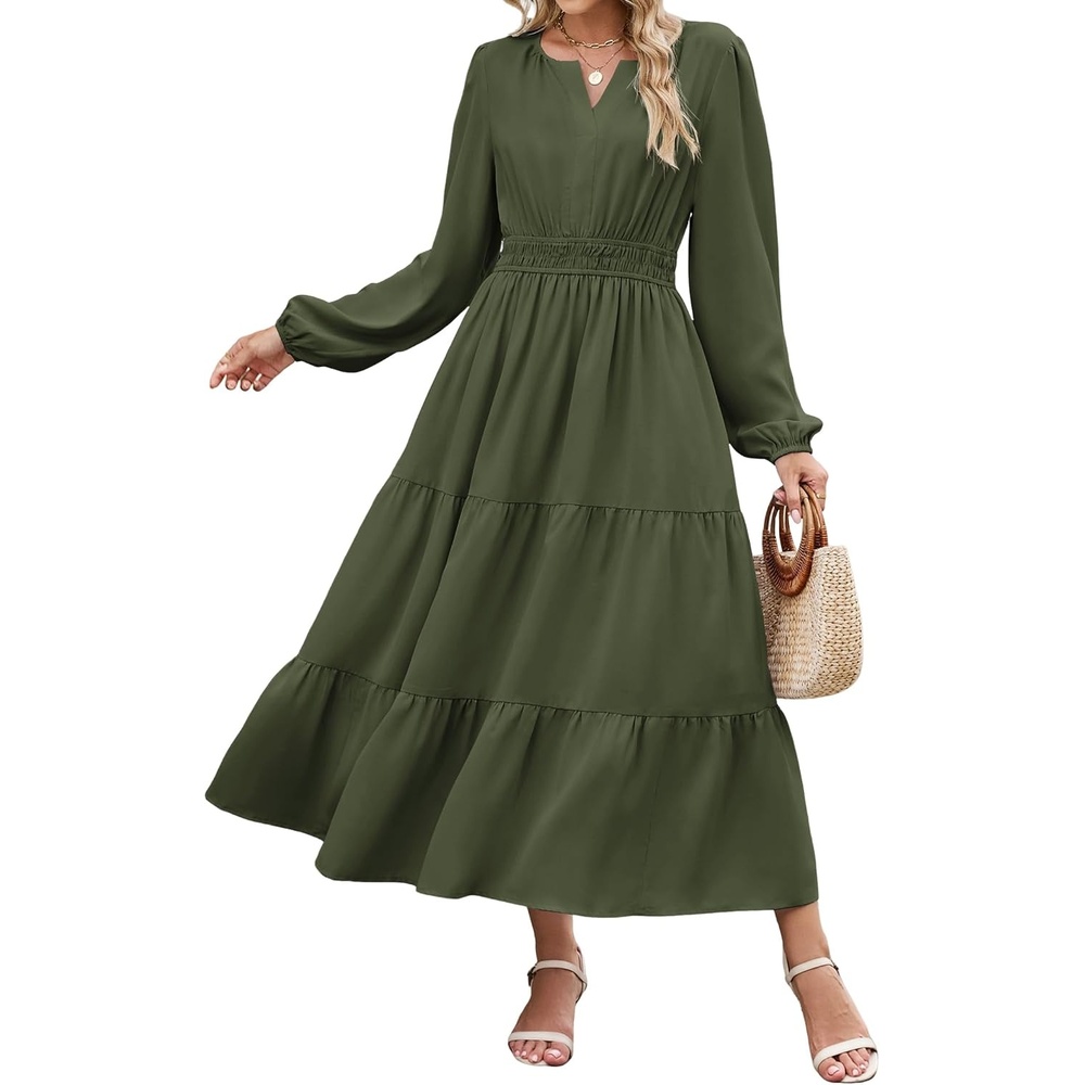 image:imageZAFUL Womens Fall Casual Maxi Dresses Long Sleeve ALine Flowy DressArmy Green