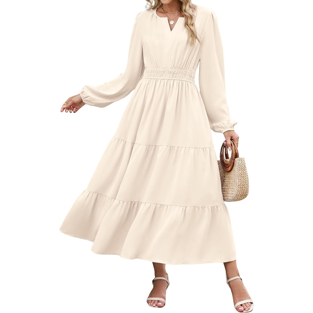 image:imageZAFUL Womens Fall Casual Maxi Dresses Long Sleeve ALine Flowy DressBeige