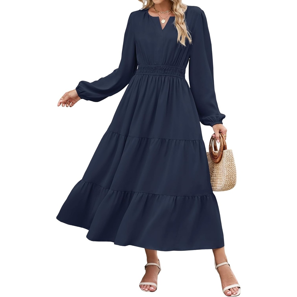 image:imageZAFUL Womens Fall Casual Maxi Dresses Long Sleeve ALine Flowy DressNavy Blue