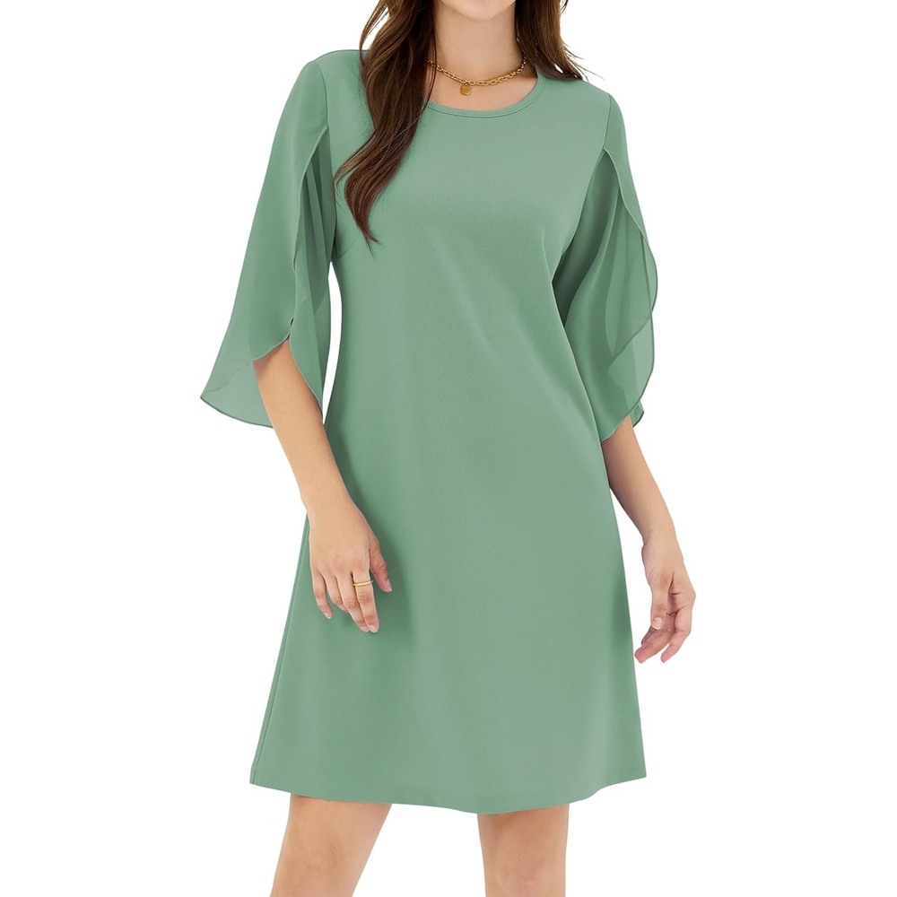 image:imageZAFUL Womens Fall Chiffon Dresses 34 Sleeve Casual Short Dress for WorkLight Green