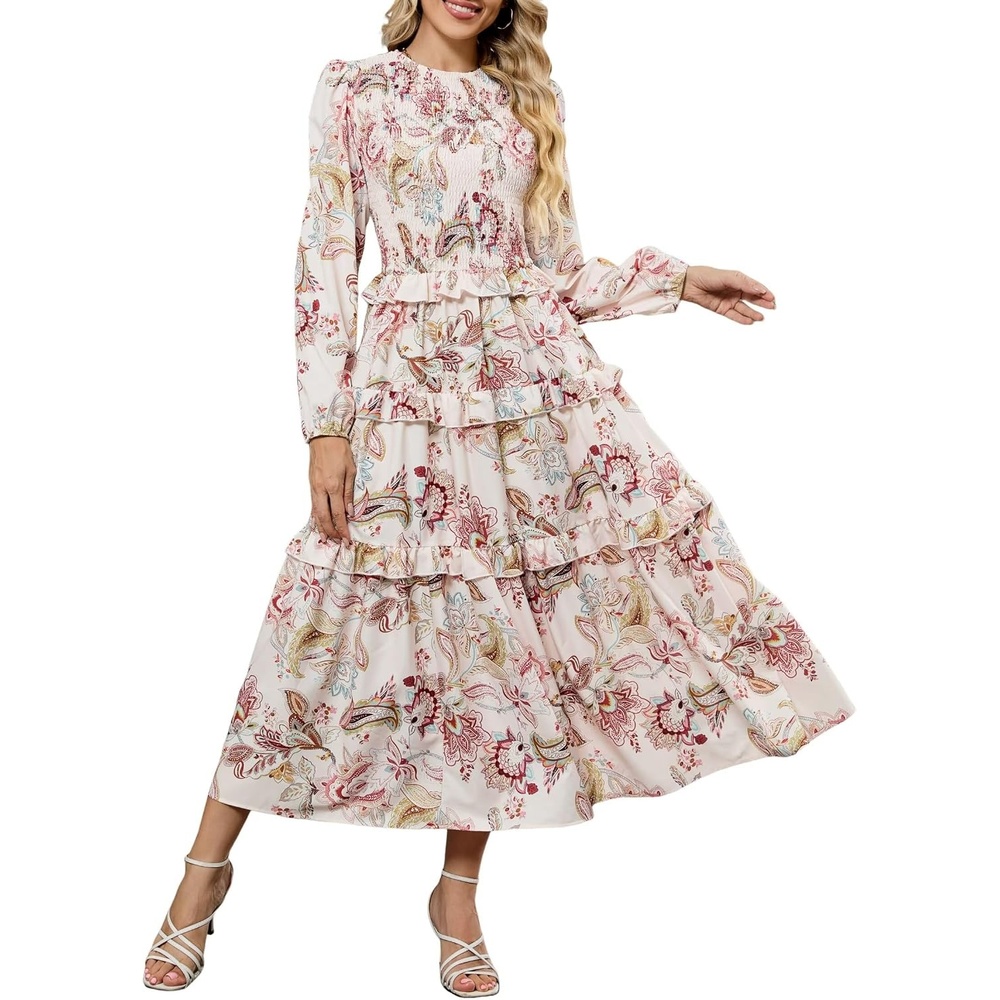 image:imageZAFUL Womens Fall Dresses Long Puff Sleeve Tiered Ruffled Flowy Maxi DressBeige