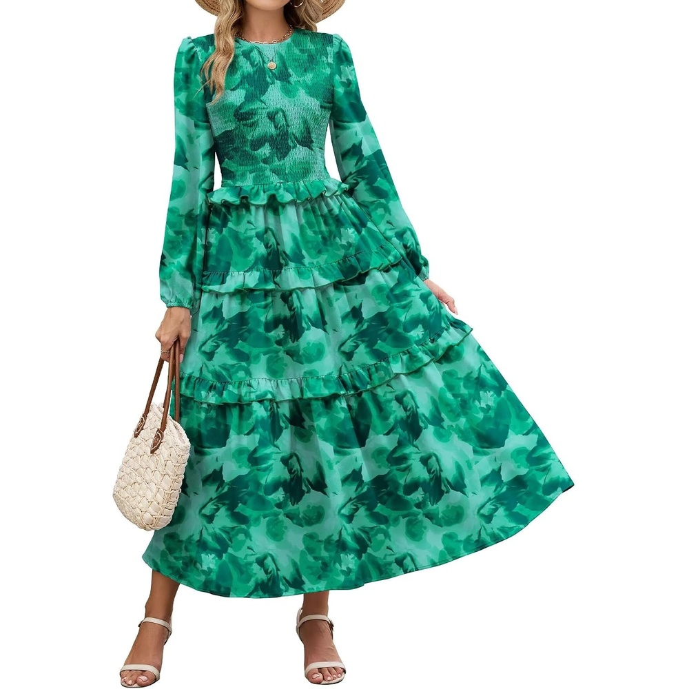 image:imageZAFUL Womens Fall Dresses Long Puff Sleeve Tiered Ruffled Flowy Maxi DressGreen Floral