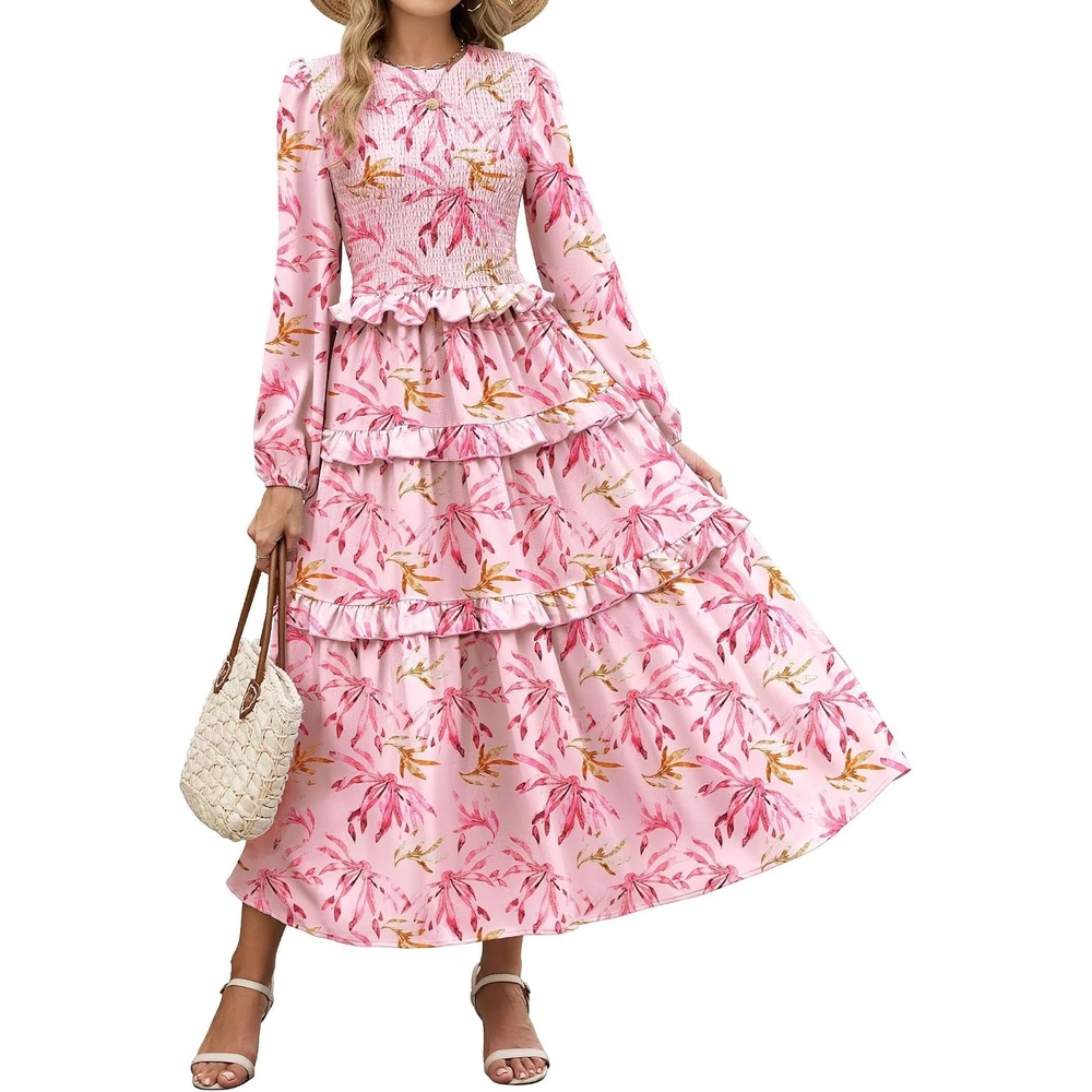 image:imageZAFUL Womens Fall Dresses Long Puff Sleeve Tiered Ruffled Flowy Maxi DressPink Floral