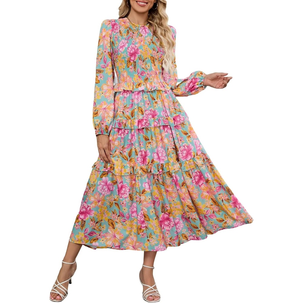 image:imageZAFUL Womens Fall Dresses Long Puff Sleeve Tiered Ruffled Flowy Maxi DressPink Green