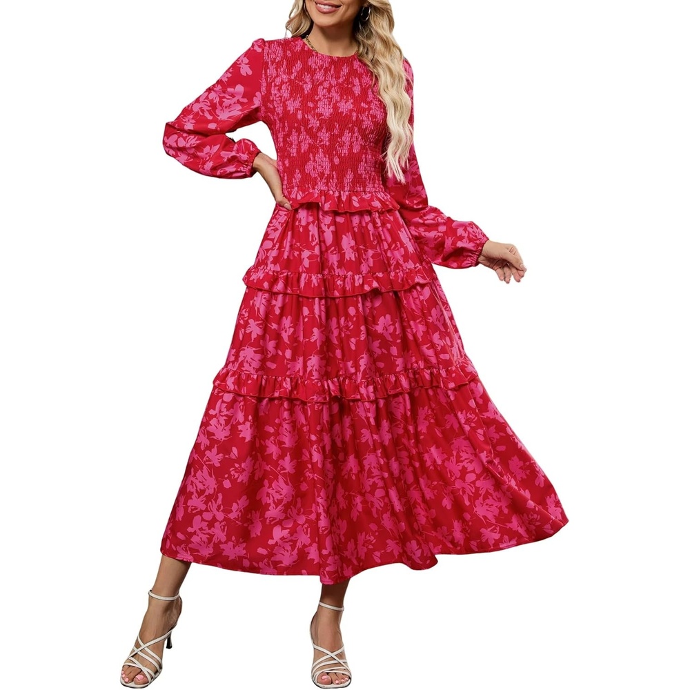 image:imageZAFUL Womens Fall Dresses Long Puff Sleeve Tiered Ruffled Flowy Maxi DressRed