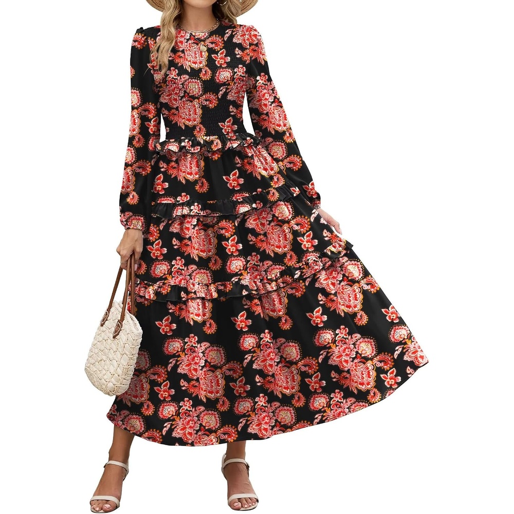 image:imageZAFUL Womens Fall Dresses Long Puff Sleeve Tiered Ruffled Flowy Maxi DressRed Black Floral