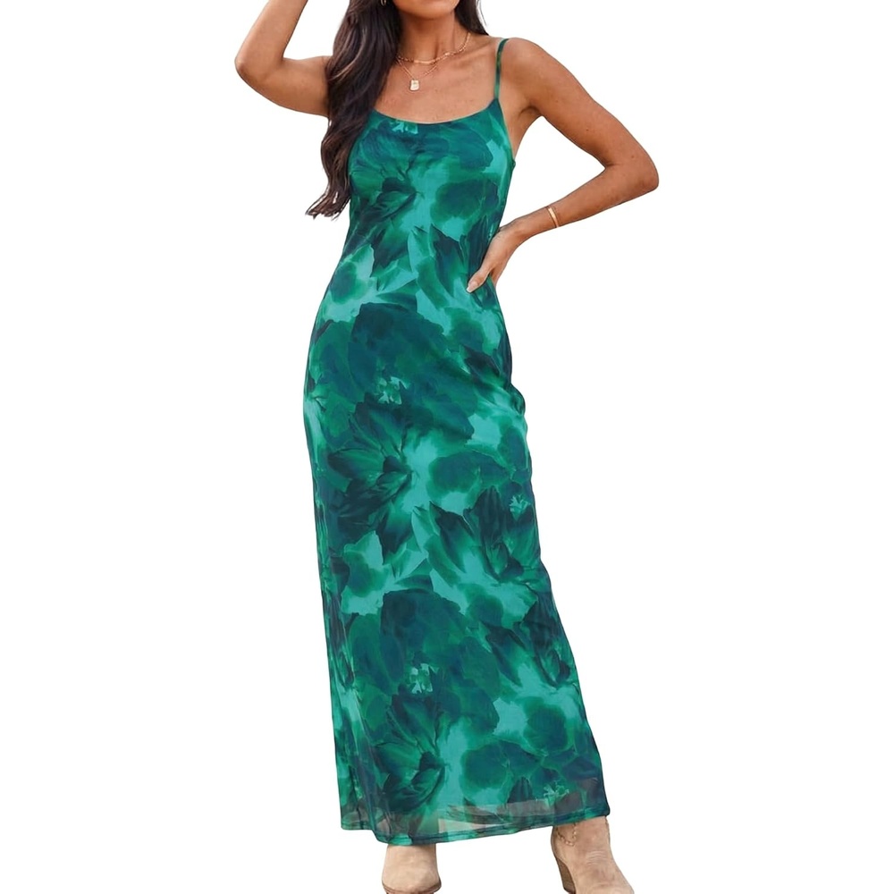 image:imageZAFUL Womens Fall Maxi Dress Mesh A Line Dresses Beach Slip Long SundressGreen
