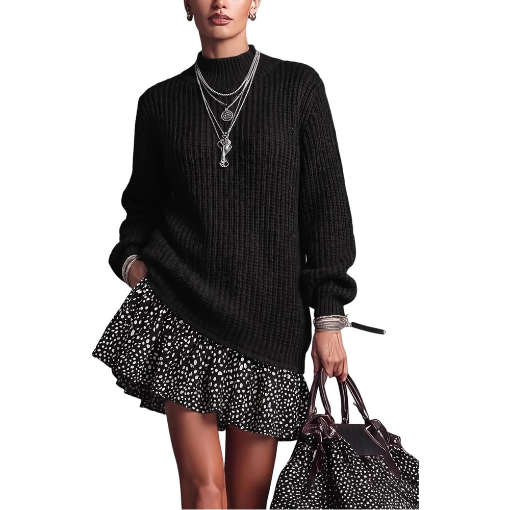 image:imageZAFUL Womens High Neck Long Sleeve Ribbed Knit Midi Sweater Dress0black