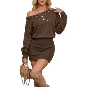 ZAFUL Embellished Knit Sweater Dress for Women Off-The-Shoulder Bodycon Fit Batwing Sleeves Rhinestone Details(Brown Pearl)