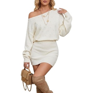 ZAFUL Embellished Knit Sweater Dress for Women Off-The-Shoulder Bodycon Fit Batwing Sleeves Rhinestone Details(White Pearl)