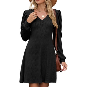 ZAFUL Fall Dresses for Women 2026 Knit V Neck Long Sleeve Sweater Dress A Line Casual Outfits(Black)