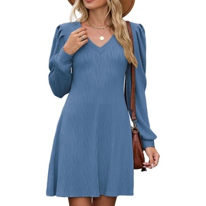 ZAFUL Fall Dresses for Women 2026 Knit V Neck Long Sleeve Sweater Dress A Line Casual Outfits(Blue)