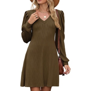 ZAFUL Fall Dresses for Women 2026 Knit V Neck Long Sleeve Sweater Dress A Line Casual Outfits(Brown)