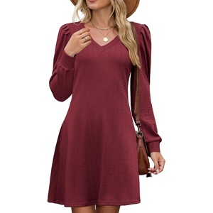 ZAFUL Fall Dresses for Women 2026 Knit V Neck Long Sleeve Sweater Dress A Line Casual Outfits(Burgundy)