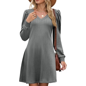 ZAFUL Fall Dresses for Women 2026 Knit V Neck Long Sleeve Sweater Dress A Line Casual Outfits(Dark Grey)