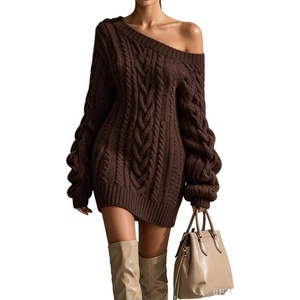 ZAFUL Women’s Cable Knit Cold Shoulder Long Sleeve Mini Sweater Dress(0-coffee-colored)