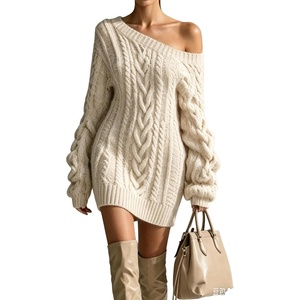 ZAFUL Women’s Cable Knit Cold Shoulder Long Sleeve Mini Sweater Dress(0-cream-colored)
