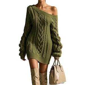 ZAFUL Women’s Cable Knit Cold Shoulder Long Sleeve Mini Sweater Dress(0-green)