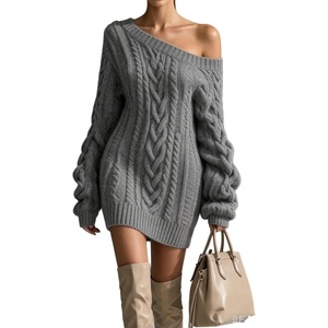 ZAFUL Women’s Cable Knit Cold Shoulder Long Sleeve Mini Sweater Dress(0-grey)