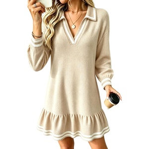 ZAFUL Womens Collared V-Neck Sweater Dress Ruffle Knit Babydoll Dress(Beige)