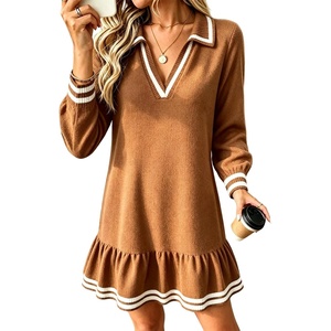 ZAFUL Womens Collared V-Neck Sweater Dress Ruffle Knit Babydoll Dress(Coffee Yellow)