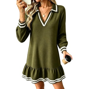 ZAFUL Womens Collared V-Neck Sweater Dress Ruffle Knit Babydoll Dress(Green)