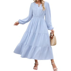 ZAFUL Womens Fall Casual Maxi Dresses Long Sleeve A-Line Flowy Dress(Light Blue)