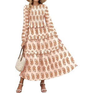 ZAFUL Womens Fall Dresses Long Puff Sleeve Tiered Ruffled Flowy Maxi Dress(Beige Floral)