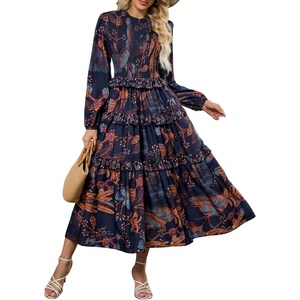 ZAFUL Womens Fall Dresses Long Puff Sleeve Tiered Ruffled Flowy Maxi Dress(Navy)