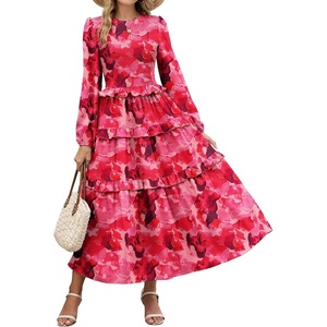 ZAFUL Womens Fall Dresses Long Puff Sleeve Tiered Ruffled Flowy Maxi Dress(Red Floral)