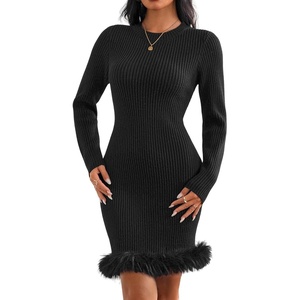 ZAFUL Womens Long Sleeve Mini Sweater Dress Fur Trim Party Mini Dress(1-black)