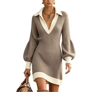 ZAFUL Womens V-Neck Patchwork Sweater Dress Lantern Long Sleeve Midi Dress(Brown & Cream)