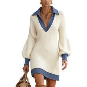 ZAFUL Womens V-Neck Patchwork Sweater Dress Lantern Long Sleeve Midi Dress(Cream & Blue)