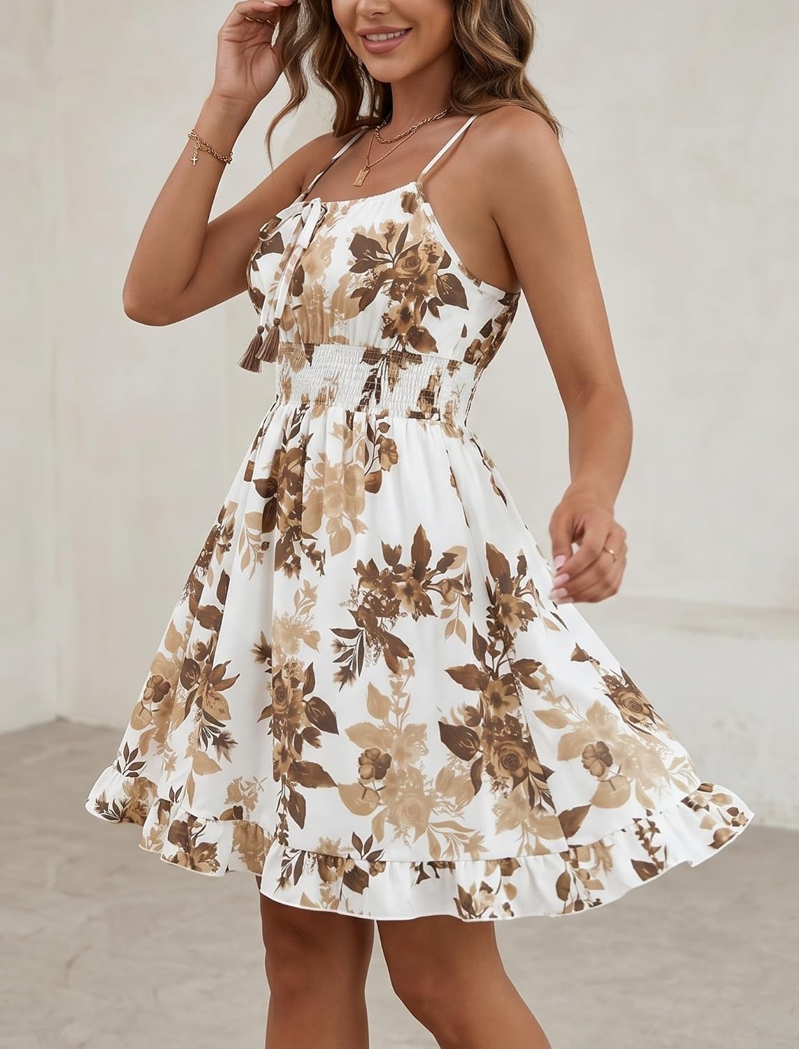 image:imageZAFUL Womens Floral Ruched Flowy A Line Sleeveless Cami DressWhite