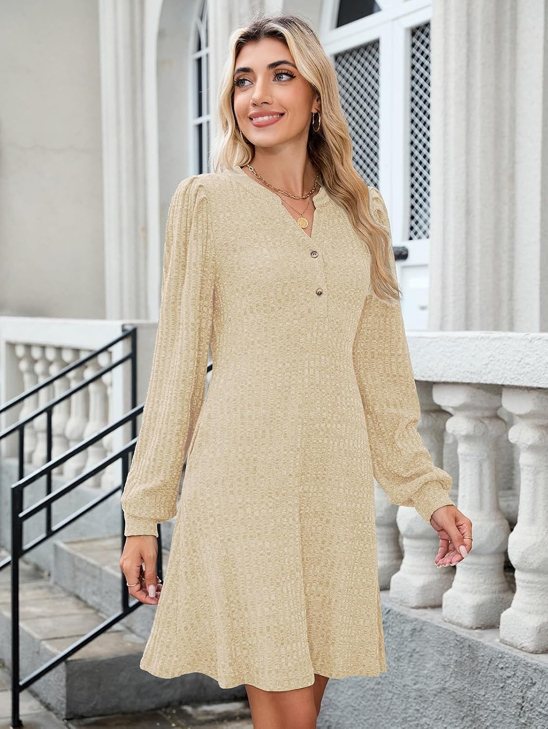 image:imageZAFUL Womens Long Sleeve Fall Dresses with Pockets V Neck Button Casual Bodydoll Knit Sweater Dress 2026Apricot