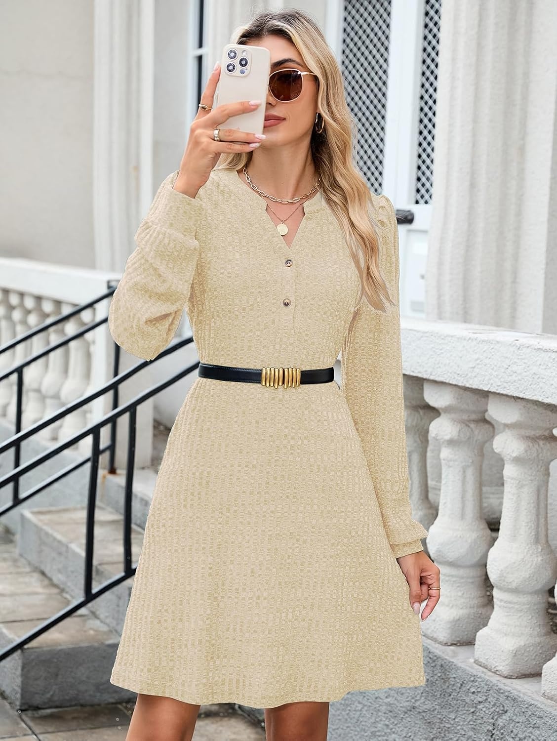 image:imageZAFUL Womens Long Sleeve Fall Dresses with Pockets V Neck Button Casual Bodydoll Knit Sweater Dress 2026Apricot