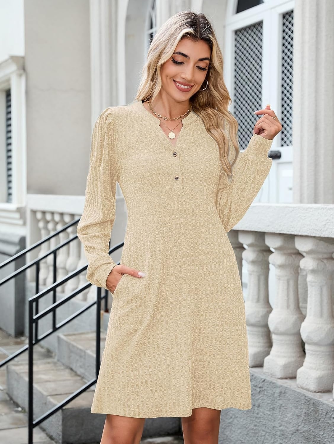 image:imageZAFUL Womens Long Sleeve Fall Dresses with Pockets V Neck Button Casual Bodydoll Knit Sweater Dress 2026Apricot